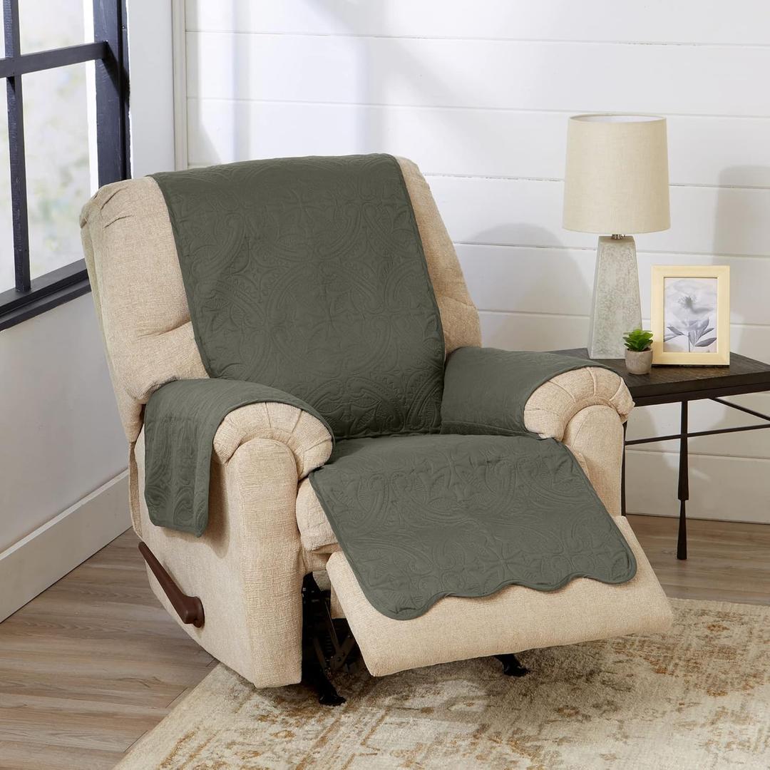 Reversible Recliner Chair Cover - Washable Slipcover Furniture Protector with Elastic Straps - Furniture Cover for Dogs, Kids, and Pets - Quilted & Stitched Detail (Recliner, Sage Green / Light Gray)