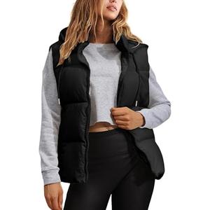 Tanming Black Puffer Vest Women Zip Up Lightweight Sleeveless Winter Outerwear Vests with Hood M