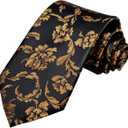 Hi-Tie Mens Plaid Ties Classic Paisley Necktie with Handkerchief Cufflinks Set Business Stripe Tie (Black Gold Floral)