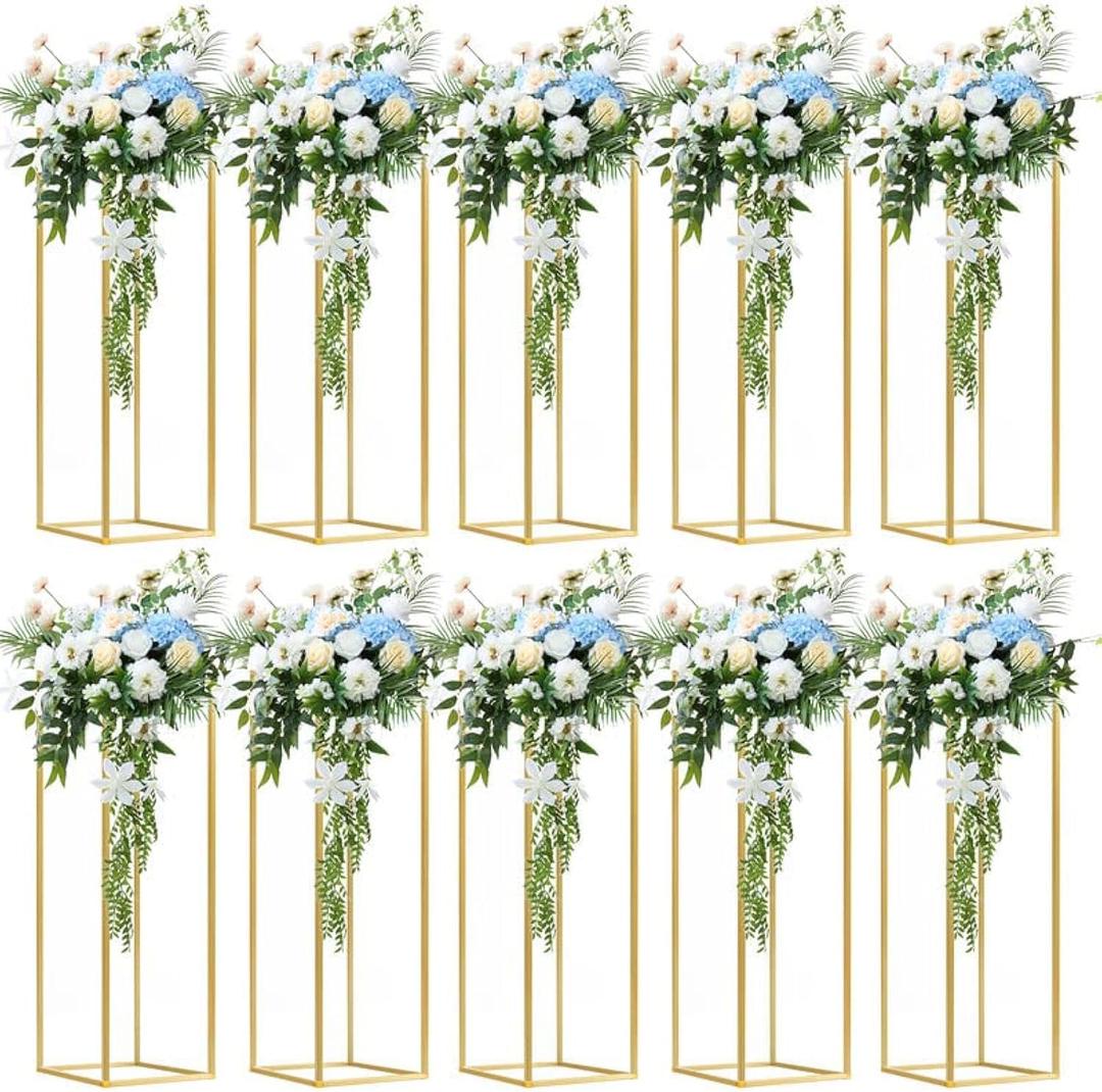 10 pcs 31.5inch/80cm High Gold Flower Stand Metal Vase Column Geometric Centerpiece Stands, Wedding Centerpieces Gold Vases Rectangular Flower Display Rack for Wedding, Party Decoration