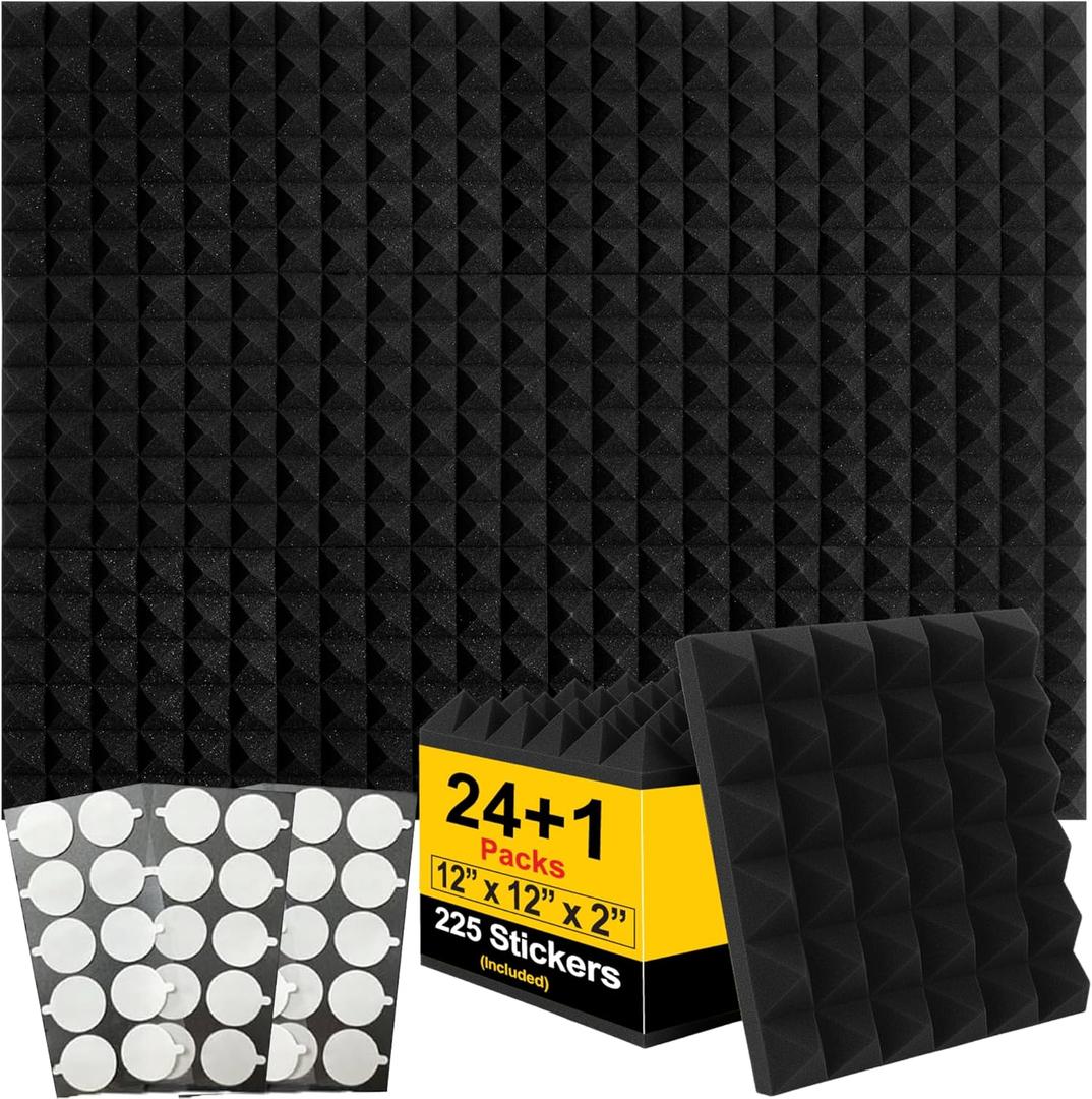 24+1 Pack Acoustic Foam Panels  12 x 12 x 2 High Density Sound Proof Foam Panels for Walls with Adhesive Stickers - Pyramid Design Sound Dampening Panels for Studio & Home