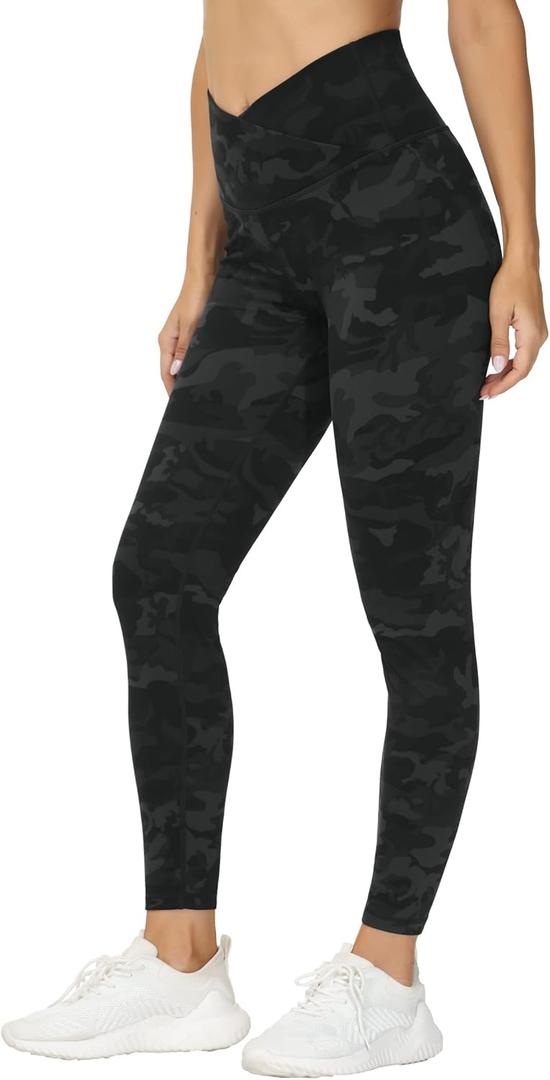 THE GYM PEOPLE Womens' V Cross Waist Yoga Leggings with High Waisted Tummy Control (Medium, Black Camo)