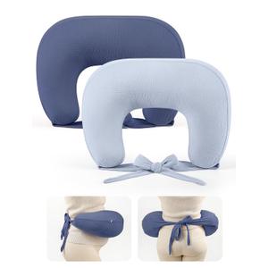 lulumoon Muslin Nursing Pillow Covers - 2-Pack Soft Cotton Slipcovers for Breastfeeding & Bottle-Feeding - Extension Strap for Snug Fit & No Sliding - Hidden Zipper Safety for Newborn Baby (Navy & Mist Blue)