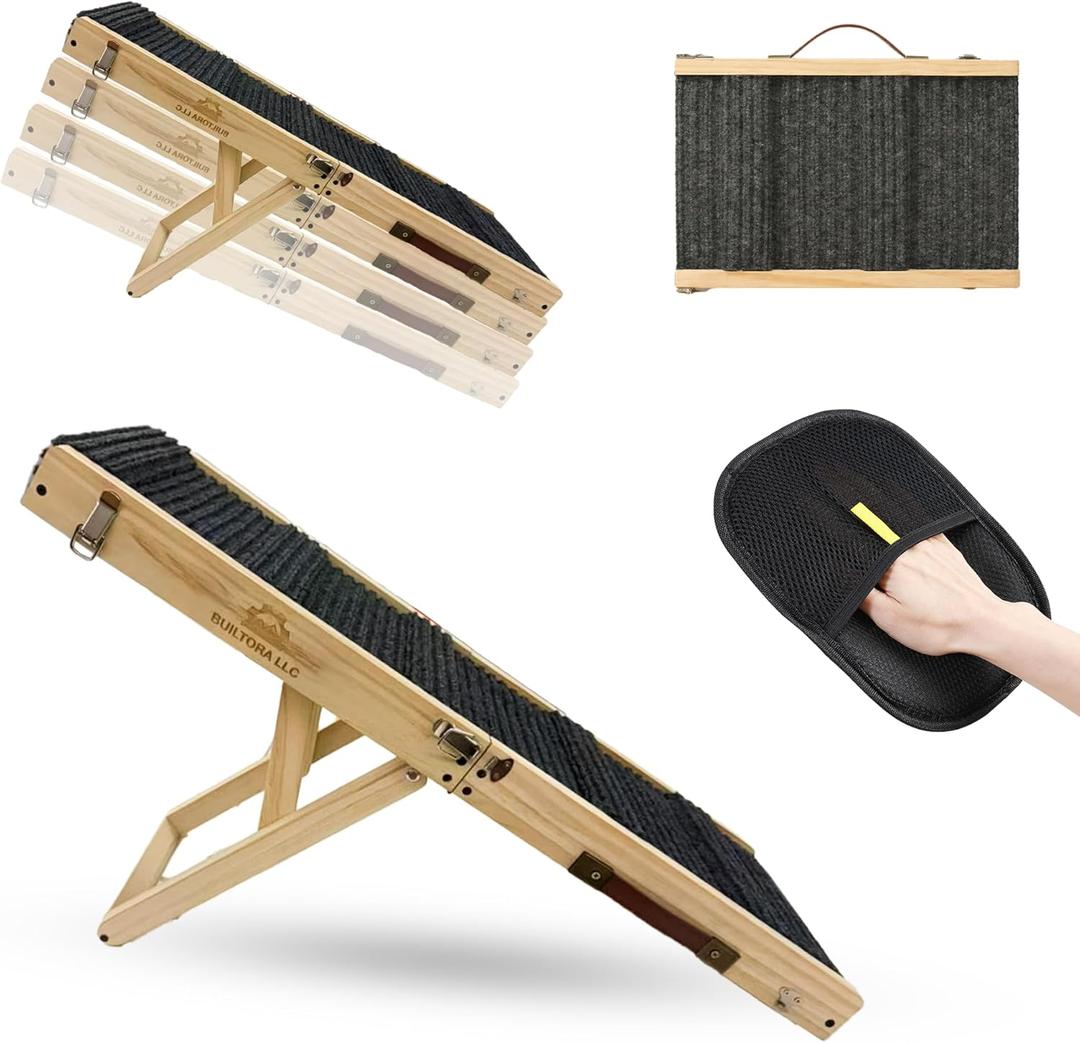 Dog Ramp for Bed & Couch, Foldable 4 Adjustable Dog Stairs for Small & Medium Dogs, Non-Slip Carpet Surface, Solid Pine Wood Dog Ramp for High Bed Sofa, Portable Dog Steps for Bed