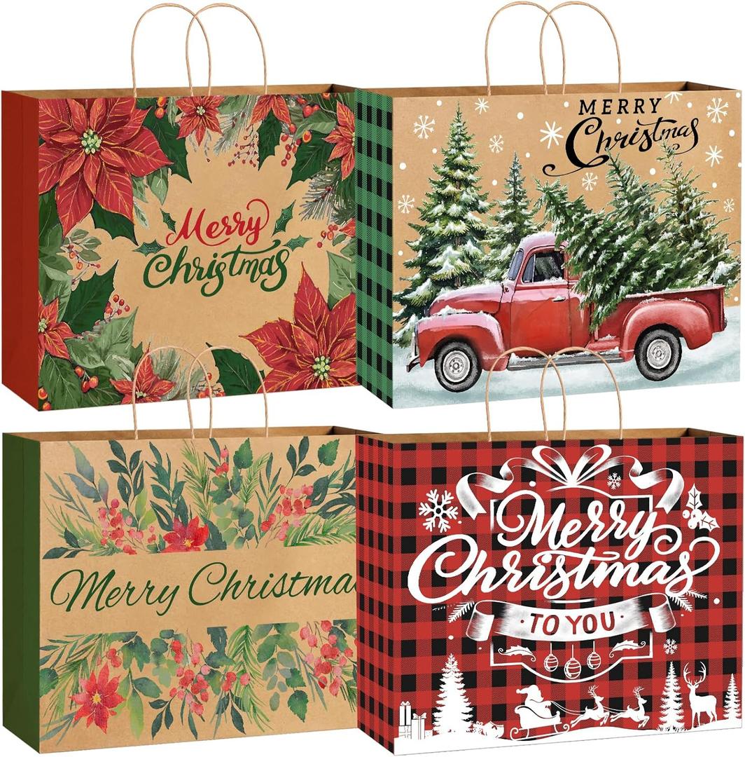 YUJUN 12PCS Extra Large Christmas Gift Paper Bags, Xmas Jumbo Kraft Tote Bags for Gifts Treat Shopping Wrapping Bags for Christmas Holiday New Year Party Favors Supplies