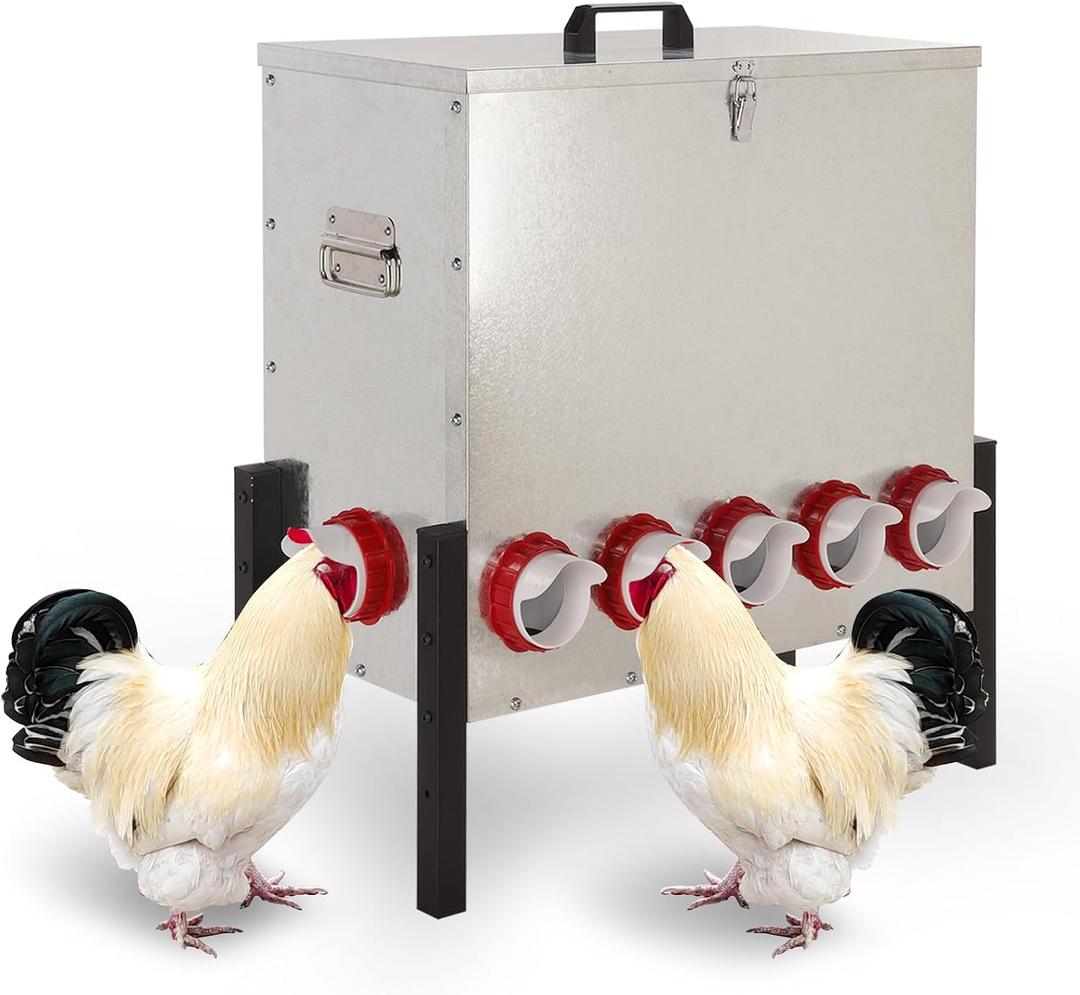 100LB Automatic Chicken Feeder with Cover Large Capacity Metal Chicken Coop Feeder with 12 Feed Ports, Adjustable Legs Rainproof No Waste Outdoor Poultry Feeder for Hens & Free Range Flocks