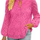 BETTE BOUTIK Women's Long Short Sleeve Tops 2025 Dressy Casual Button Hollow Out Lace Embroidered Blouses Shirts (Pink)