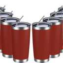 MEWAY 20oz Tumbler 8 Pack Double Wall Vacuum Insulated Travel Mug Bulk, Stainless Steel Tumblers with Lid and Straw, Powder Coated Coffee Cups for Cold & Hot Drinks (Red, Set of 8)