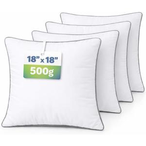 18x18 Throw Pillow Inserts Set of 4, 500g Extra Filled Decorative Pillow Inserts with Grey Piped Edge, Soft Fluffy Supportive Couch Sofa Bed Pillow Forms, Hypoallergenic Polyester Fiber, White