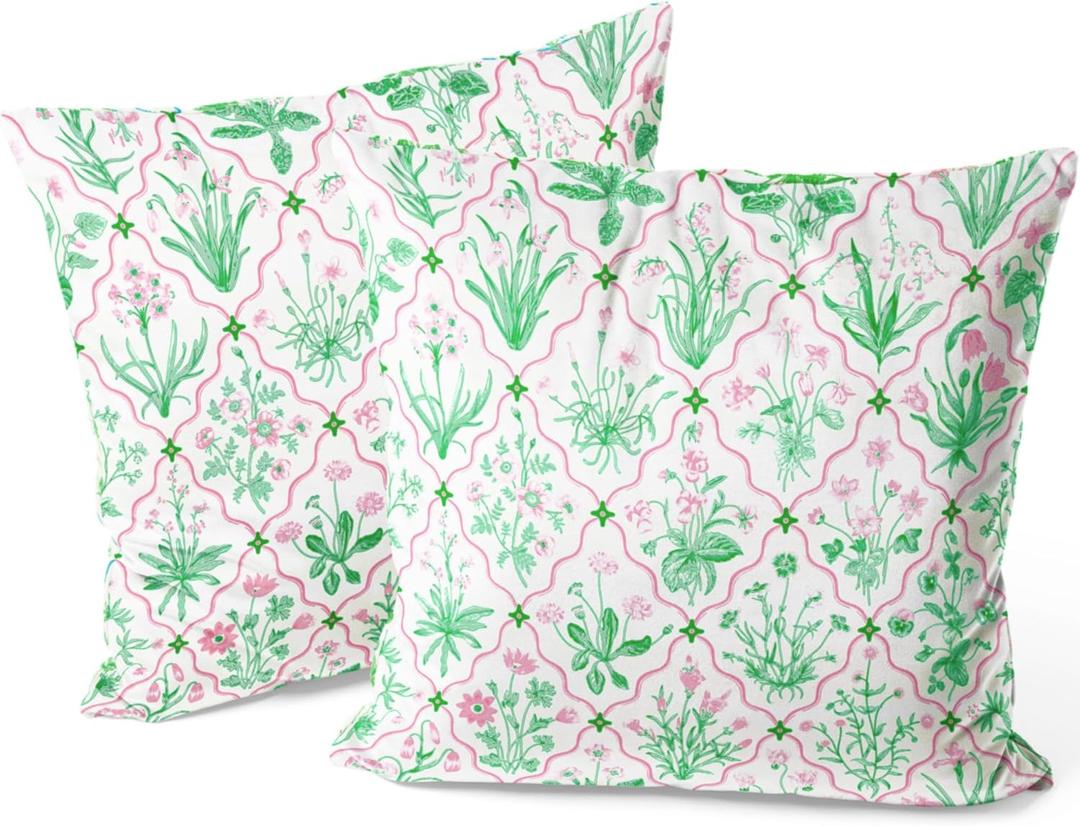 Pink and Green Floral Pillow Covers Home Bedroom Decor, Aesthetics Throw Pillowcase Cushion Cover for Bed Sofa Couch, 2 Sets, 18x18 Inch
