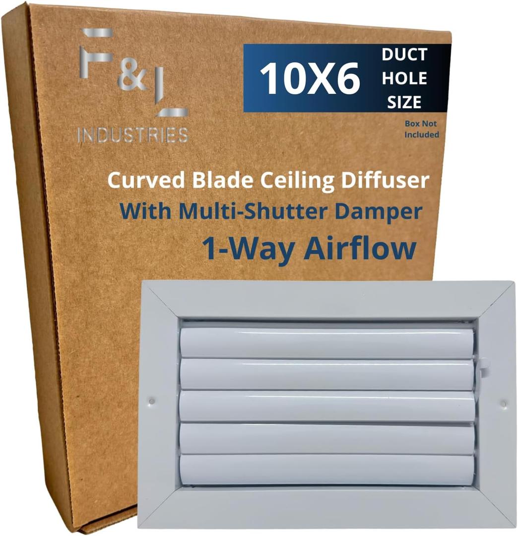 Curved Blade Ceiling Diffuser with Multi-Shutter Damper | Adjustable Airflow Control | Durable Aluminum Design | Easy Installation for HVAC Systems (10"x6" 1-Way Airflow Direction)