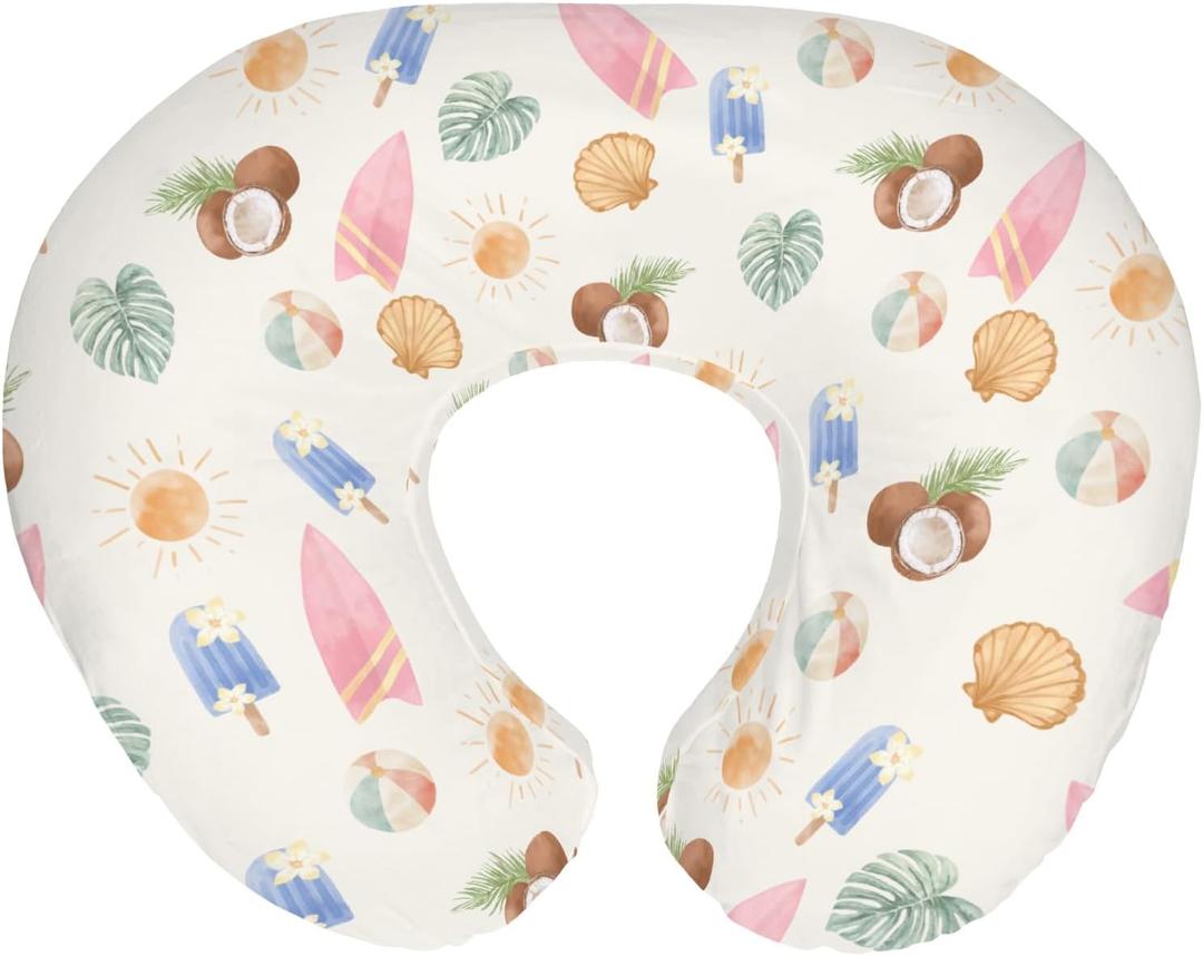 Neutral Summer Beach Nursing Pillow Covers for Boy Girl Surfboard Coconut Seashells Sun Balls Nursery Slipcover for Breastfeeding Pillows Seaside Soft Stretchy Removable Covers for Newborn Infant (One size, Boho)