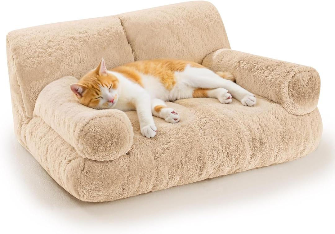 Gimars Upgrade Large Cat Bed for Indoor Cats -Added 10% More Stuff Sponge, Orthopedic Pet Couch Beds with Bolstered Edges, Fluffy Washable & Removable Cover, Anti Slip Base,Teak Milk Color