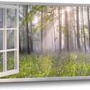 Landscape Window Wall Art Canvas: Relaxing Sunrise Forest Picture Misty Tree Painting Photograph Large Nature Wildflower Scene Giclee Print Artwork for Living Room Bedroom Home Decor