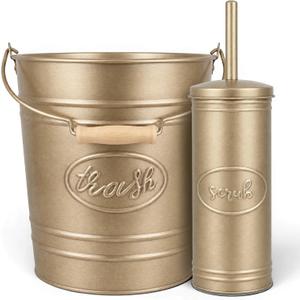 Autumn Alley Rustic Farmhouse Bathroom Trash Can and Toilet Brush Set - Rustic Bathroom Accessories for Charming Bathroom Décor, Antique Gold, 2 Gal. Capacity
