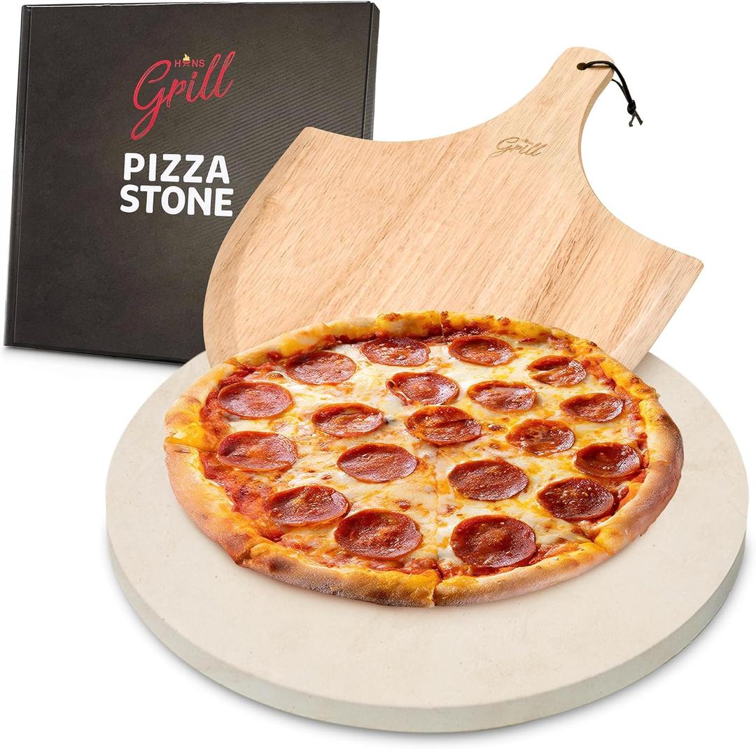 HANS GRILL PIZZA STONE | Circular Pizza Stone For Oven Baking & BBQ Grilling With Free Wooden Peel | Extra Large Round Round 15" Inches Diameter (38CM) Durable Cordierite Cooking Stone