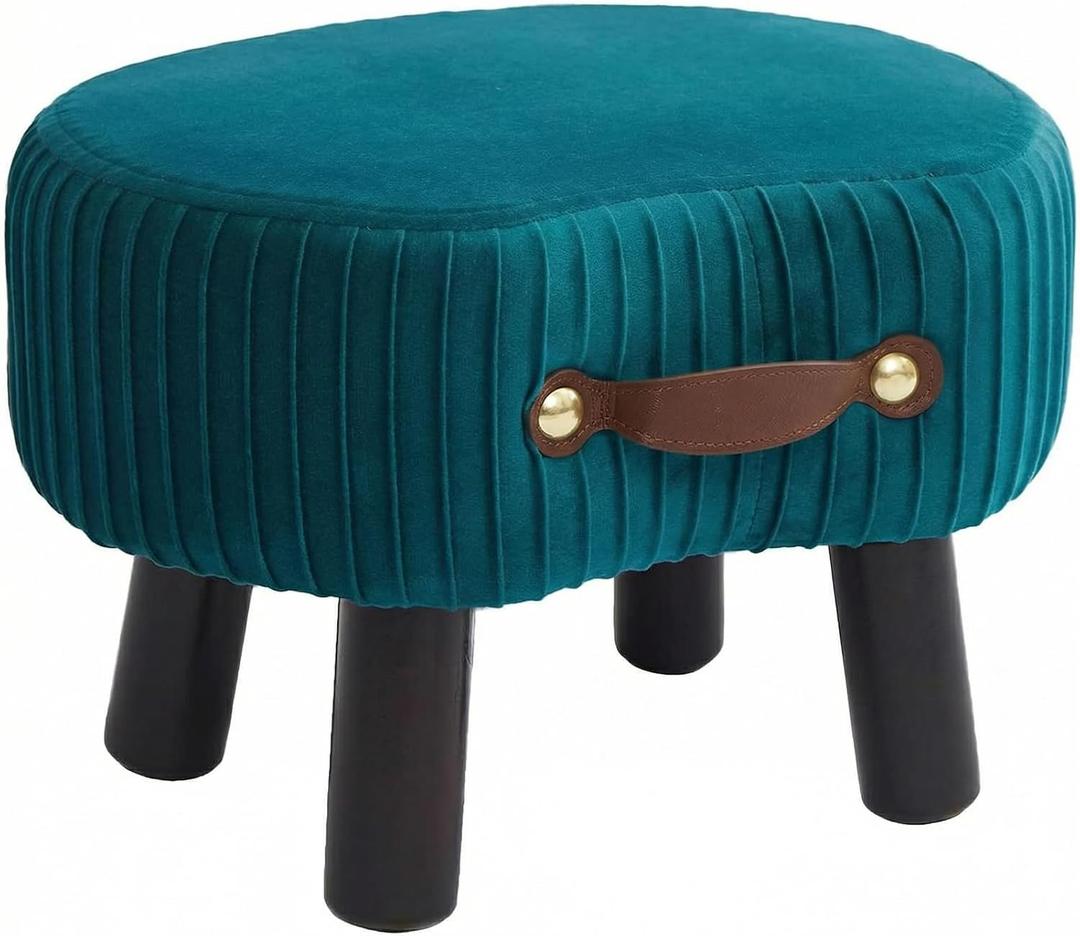 Small Footstool with Handle, Velvet Ottoman Foot Rest with Padded Seat, Curved Foot Stool with Wooden Legs, Portable Foot Rest for Living Room, Bedroom, Entryway, Peacock Blue (16.5"D x 12.2"W x 5.9"H)