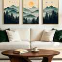 PHOPAGO Green Fog Pine Tree Mountain Landscape Framed Wall Art 16x24in Watercolor Nature Misty Forest Artwork Paints Sun Rise Rustic Farmhouse Home Decor - Natural Framed