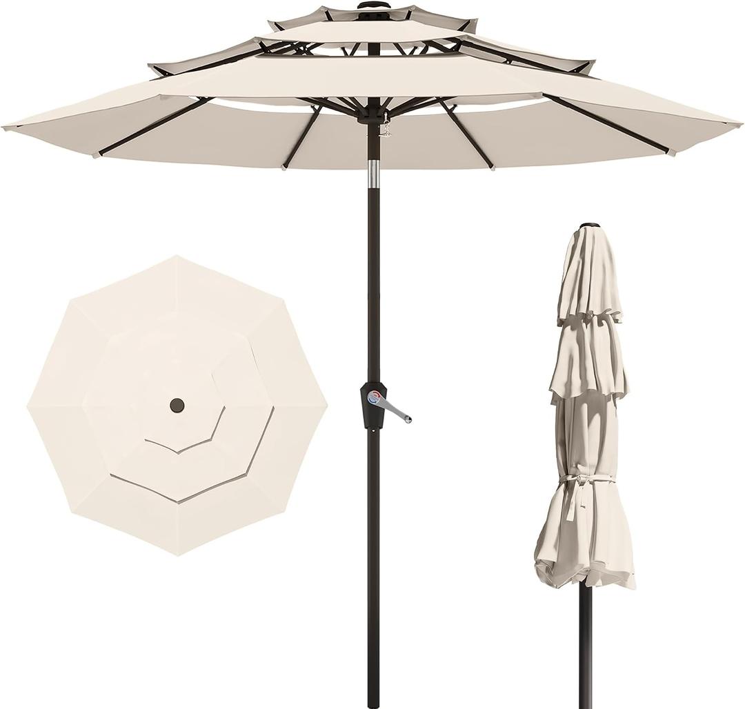 10FT Patio Umbrella 3 Tiers Outdoor Market Umbrella w/Push Button Tilt, Crank, UV and Waterproof Table Umbrella for Garden, Pool, Backyard, Deck, Lawn, Creamy White, Standard