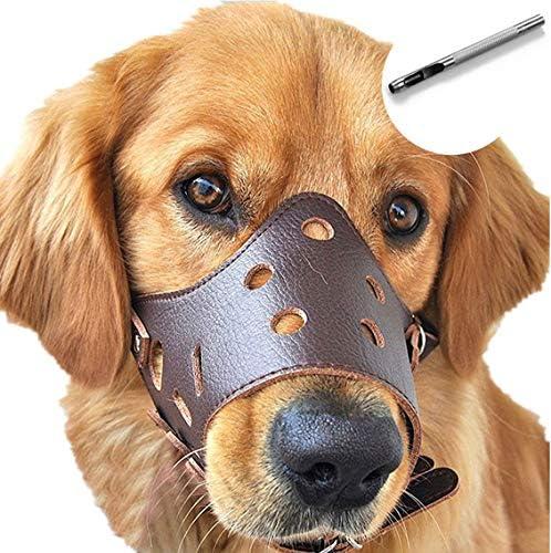 BARKLESS Dog Muzzle Leather, Soft Secure Anti-Barking Leather Muzzle for Large Sized Dogs to Prevent Biting, Breathable and Adjustable, Allows Drinking and Panting, Used with Collars (Bro XL)