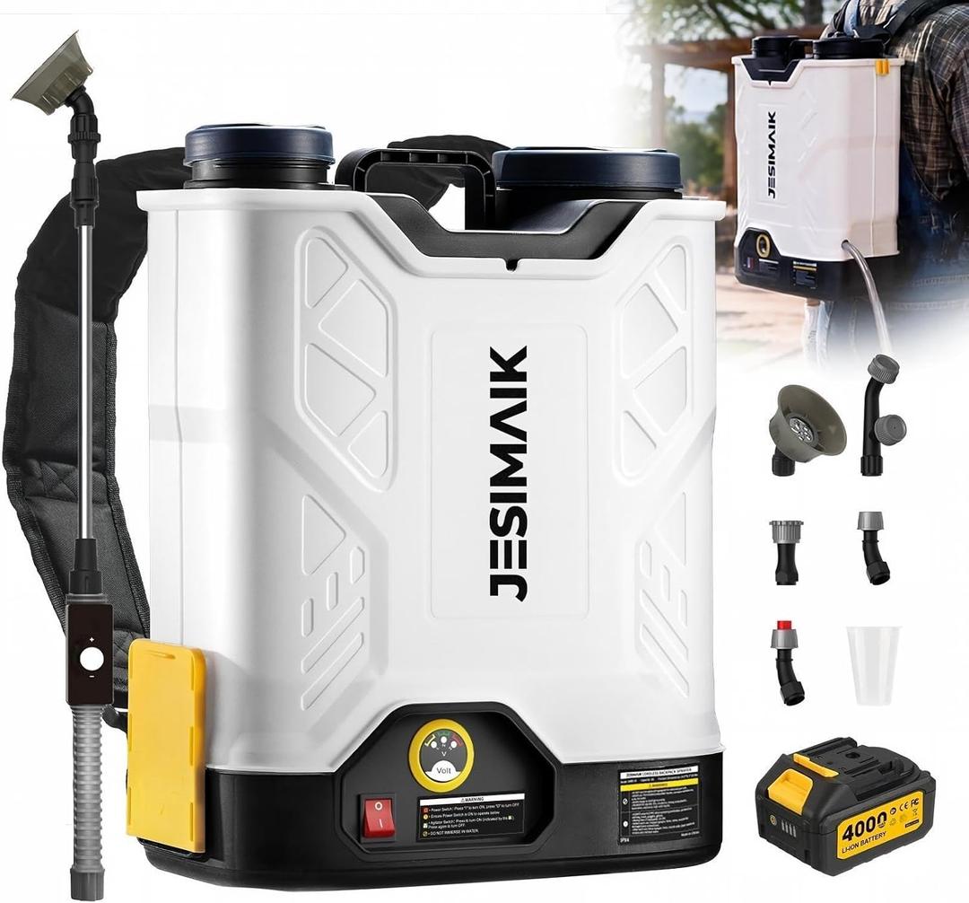JESIMAIK Backpack Sprayer Battery Powered, 120 PSI Handle-Mounted Pressure Control, 4.8 Gallon, 4.0Ah Battery Operated Weed Sprayer with Telescopic Wand & 5 Nozzles for Weed, Lawn & Garden
