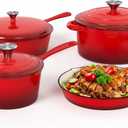 MAISON ARTS Enamel Cast Iron 7 Piece Cookware Set, Heavy Duty Dutch Ovens Pot with Lid, Red Non Stick Pots and Pans Sets, Oven Safe up to 500F