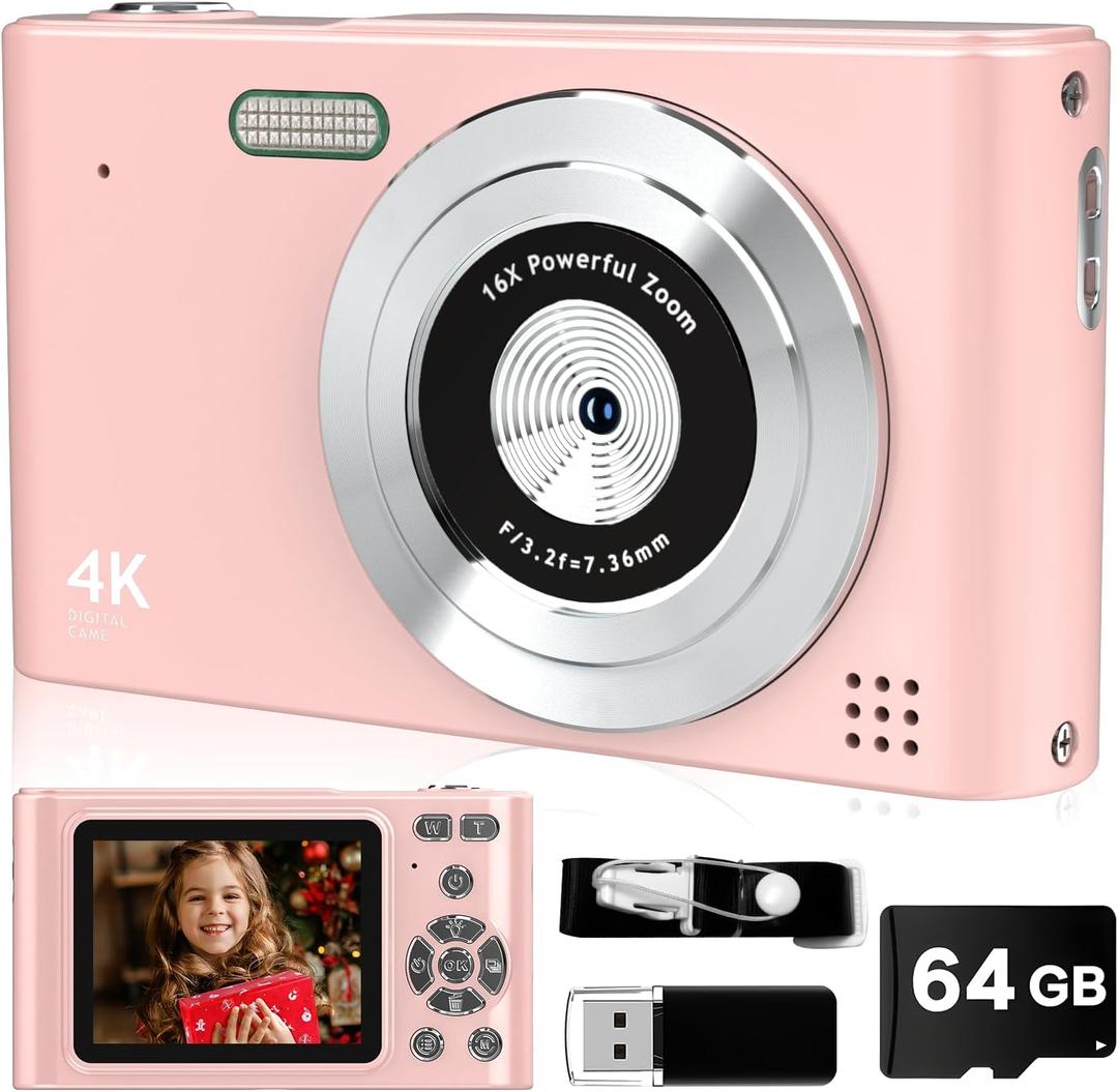 Digital Camera, 44MP Full HD 1080P Point and Shoot Camera with 64GB Card, Anti Shake 16X Zoom Compact Volg Cameras, Portable Small Digicam Gift for Kids, Ages Teen Girl Boy - Pink