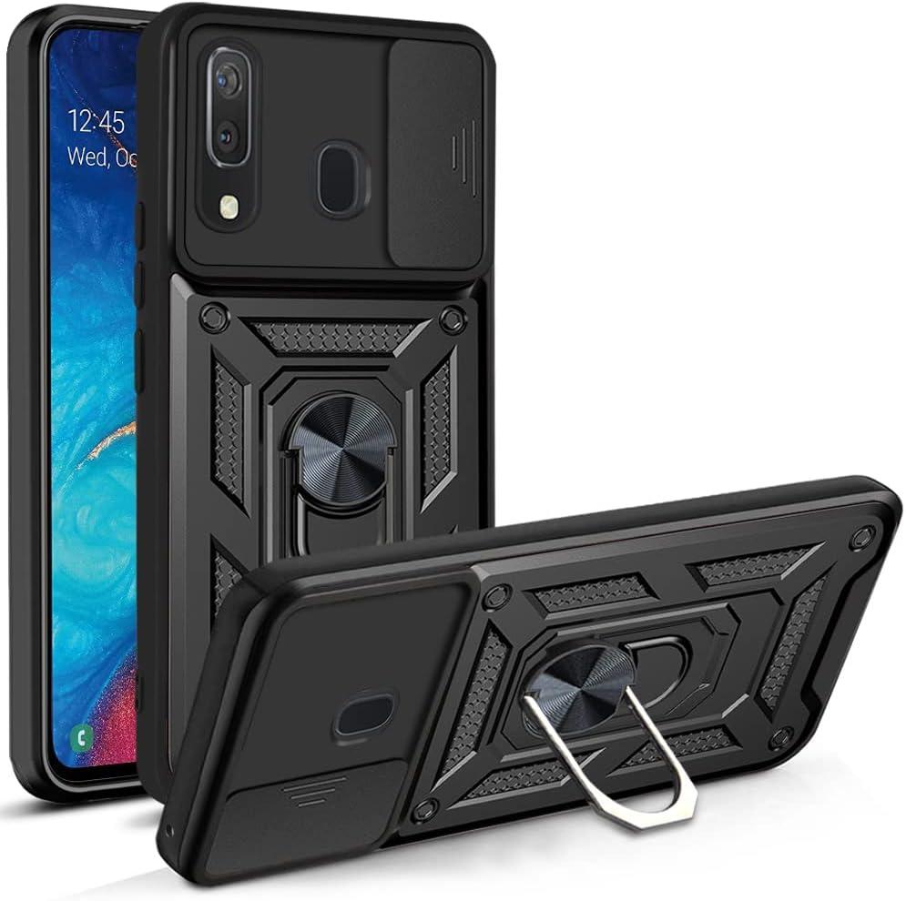 RKINC Case for Samsung Galaxy A20/A30/A50 Case with Slide Camera Cover & Rotated Ring Kickstand Military Grade Shockproof with Magnetic Car Mount Holder Cover, Black