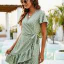 Naggoo Women's Summer Wrap Dresses V Neck Polka Dot Print Ruffle Short Sleeve Mini Floral Boho Dress with Belt (08 Sage Green Dot Beige)