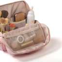 Large Standing Makeup Bag, Sturdy PU Leather Cosmetic Organizer with Fold-Down Phone Tray, Waterproof Travel Toiletry Case with Wipeable TPU Brush Holder, 9.5 Inch, Pink