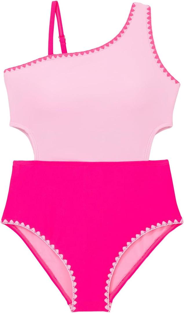 blibean Teen Girls Swimsuits One Piece Bathing Suit with Chest Pads Size 6-15 Years (Pink, XL)