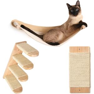 Cat Wall Shelves - Four Step Cat Shelf with Scratch Board, Mounted Cat Shelves, Sturdy Cat Wall Furniture for Indoor Cats, Kittens - Extra Cat Wall Hammock Cover Included