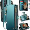 Defencase Compatible with Samsung Galaxy S22 Ultra Case Wallet with RFID Blocking Card Holder for Women Men, PU Leather Magnetic Snap Flip Zipper Strap Phone Case Fit for Galaxy S22 Ultra 5G, Green (Elegant Blue Green)