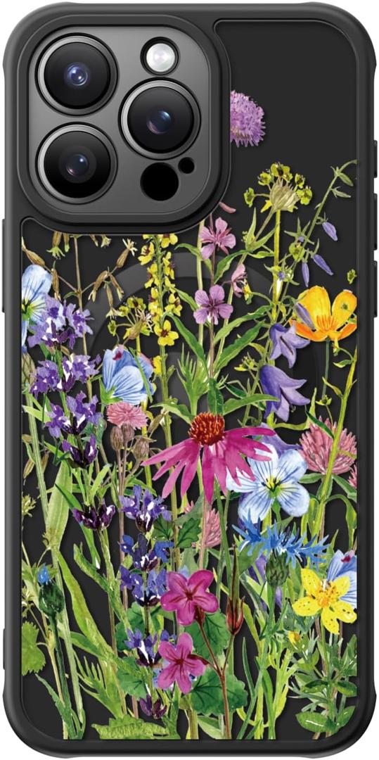 FUNMIKO for iPhone 15 Pro Case Wireless Charging & Military-Grade Protection - Cute Floral Design for Women Girls, Non-Slip Matte Cover with Shockproof Corners - Clusters of Wildflowers