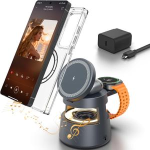 Wireless Charger for Samsung, 3 in 1 Magnetic Charging Station for Samsung Galaxy S25 Ultra/Z Fold7/Flip, Watch 8/Ultra/7/6/5, Galaxy Buds 3 Pro, with Bluetooth Speaker and Night Light (Gift Ideal)
