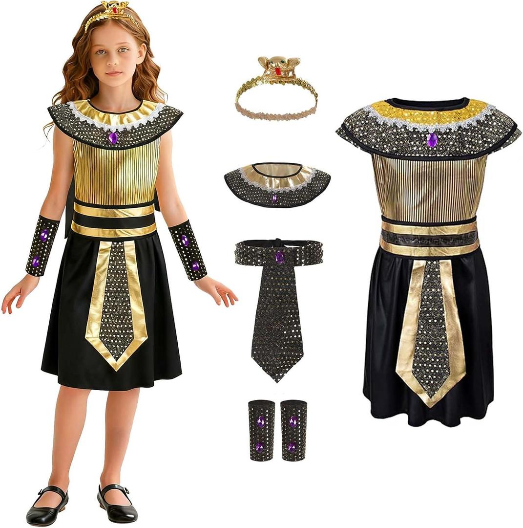 Egyptian Costume Kids Egypt Queen Kit Mummy Outfit Accessories Golden Snake Beaded Headpiece for Halloween Cosplay (Small3-4Y)
