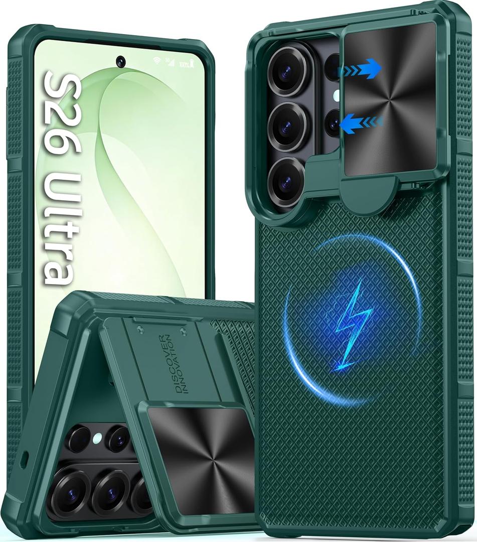 Magnetic for Samsung Galaxy S26 Ultra Case,[Slide Camera Cover][Kickstand][Compatible with Magsafe][Military Grade Protection] Shockproof Rugged Case for Galaxy S26 Ultra, Green