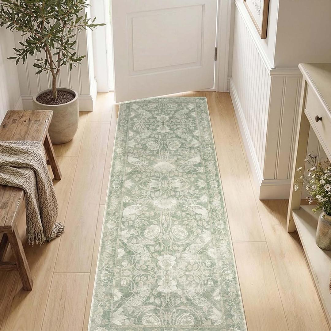 SIRIS 2x6 Washable Runner Rug, Symmetrical Botanical Floral Rug, Vintage Soft Low-Pile Non-Slip Floor Mat, High-Traffic Aisle Kitchen Runner for Entryway Laundry Room Bathroom, Sage Green