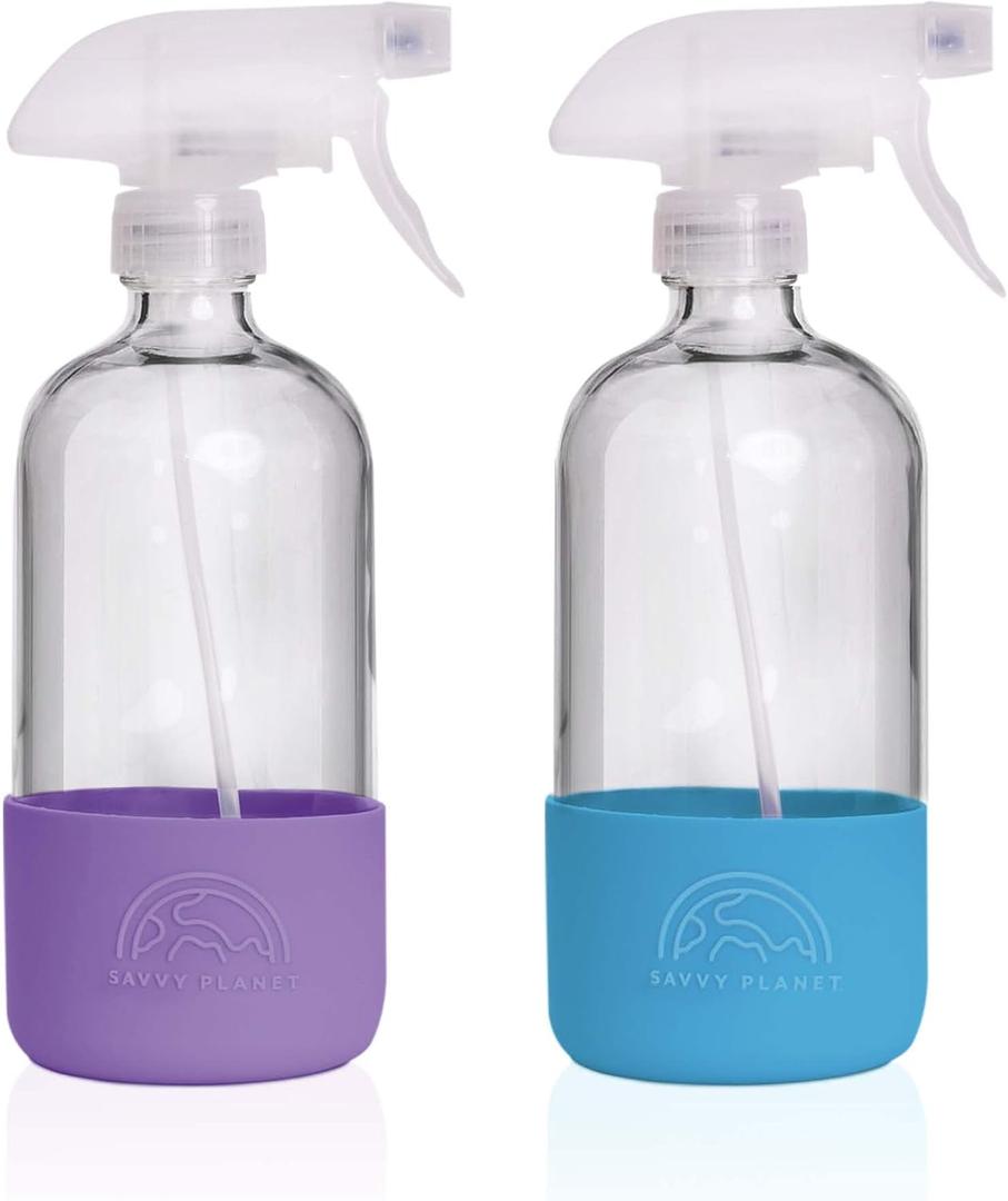 Glass Spray Bottles for Cleaning, Silicone Sleeve Bottom for Protection, Reusable Glass Spray Bottles 16 Oz With Adjustable Nozzle Settings (2 Pack) (Purple & Blue)