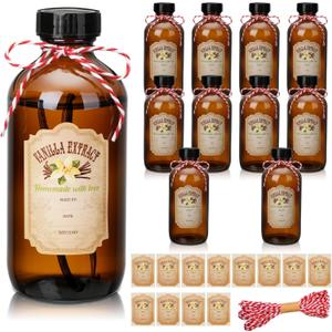 Zhehao 10 Pcs 8 oz Vanilla Extract Bottles Amber Boston Round Glass Boston Bottles for Vanilla Extract Homemade and Vanilla Extract Sticker for Syrup Gift Food Storage Canister Set for Sauce Beans
