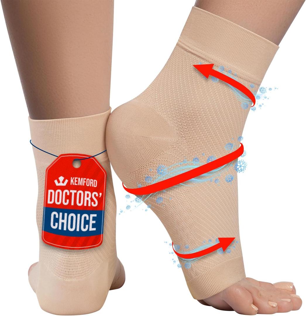 KEMFORD Ankle Compression Sleeve with Cooling Effect - Plantar Fasciitis Braces - Open Toe Compression Socks for Swelling, Sprain, Neuropathy, Arch Support for Men and Women - M, Beige