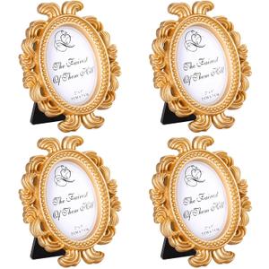 Vicenpal 4 Pieces Mini Gold Picture Frames 3.2 x 4 Inch Vintage Small Antique Resin Baroque Picture Frames Bulk Oval Hanging Display for DIY Jewelry Gifts Christmas Wedding Decor (Gold)