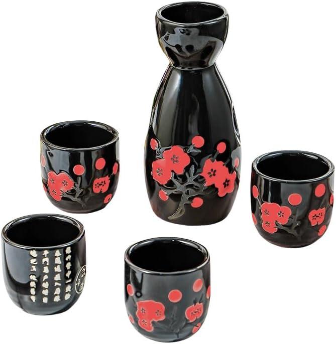 5PCS Hand Painted Japanese Sake Ceramic Set with White and Pink Flowers, Collection