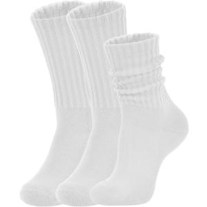 Women's Slouch Crew Socks Retro Solid Scrunch Boot Chunky Ribbed Cozy Cotton Calf Socks 3 Pack Size 5-11 (White)
