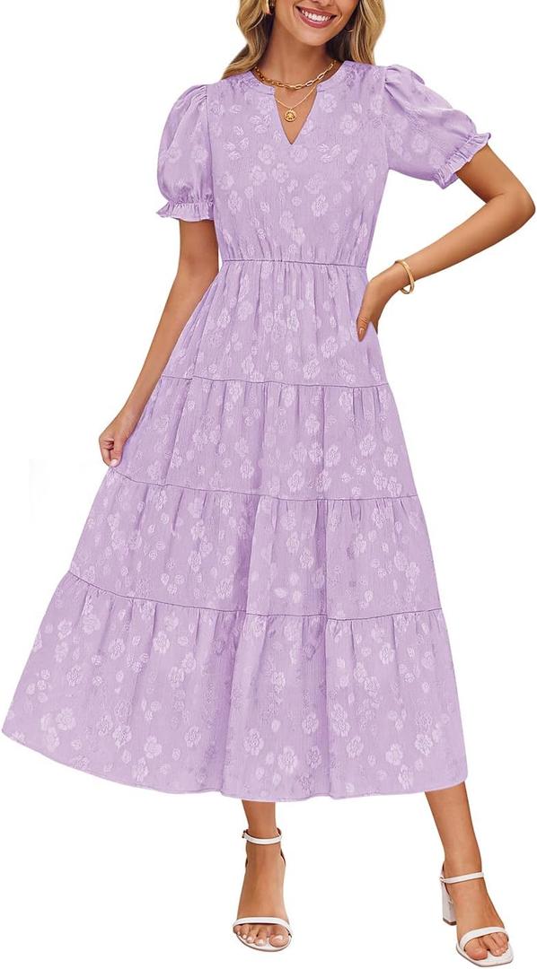 ZESICA Womens 2025 Summer Puff Short Sleeve Midi Dress Floral V Neck Textured Ruffle Flowy Beach Party Dresses (Medium, Purple)