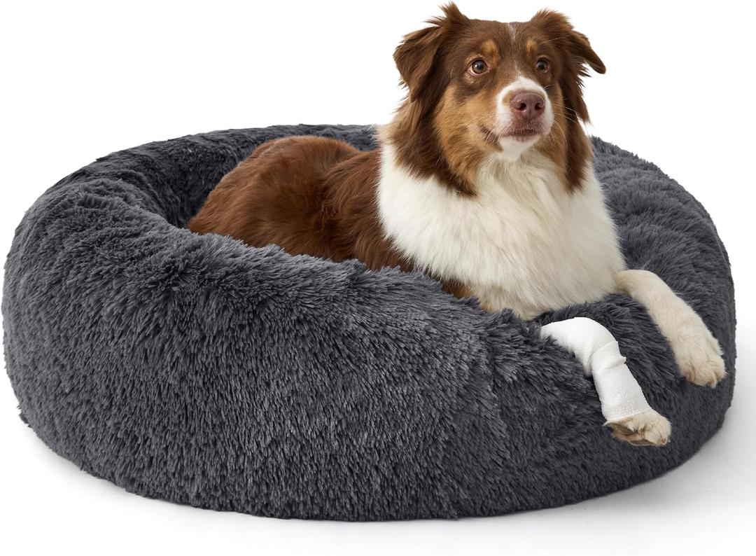 Bedsure SupportMax Calming Dog Beds Large Sized Dog - 36in Donut Washable Large Pet Bed,Anti-Slip Removable Cover,420GSM Round Anti-Anxiety Fluffy Plush Faux Fur Bed, Fits up to 80 lbs Pets (Dark Grey)