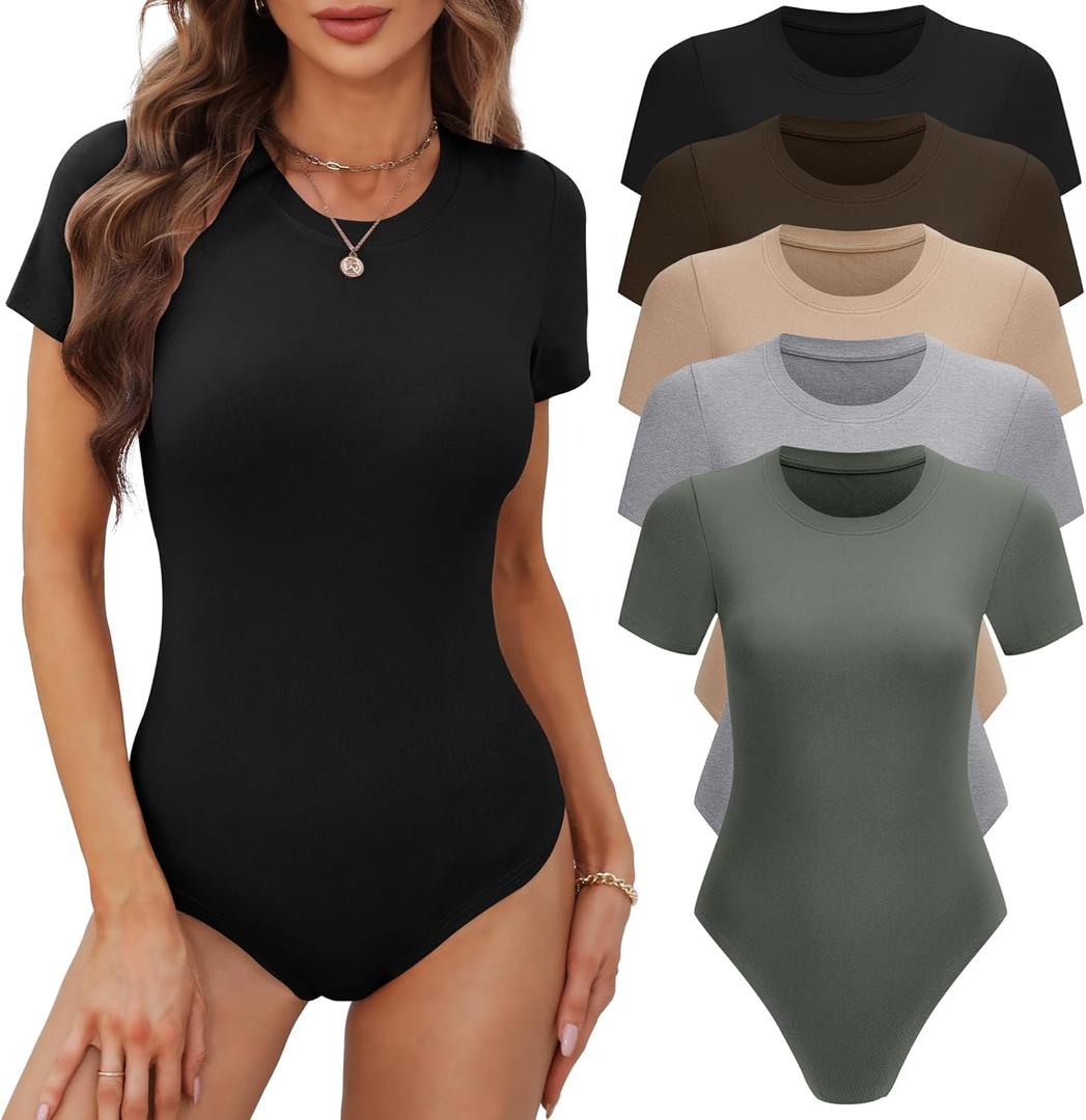BALENNZ Women's 4/5 Pack Short Sleeve Round Neck Bodysuit Tops Crew Neck Basic Casual Tshirt Bodysuits (Large, 5 Pack Black, Coffee, Nude, Light Grey, Olive Green)