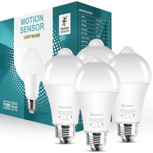 Motion Sensor Light Bulbs, 13W(100W Equivalent) Movement Activated Dusk to Dawn Sensor LED Bulb, A19 E26 5000K Cool White Security Bulbs Outdoor Indoor, for Porch Garage Basement Hallway 4 Pack
