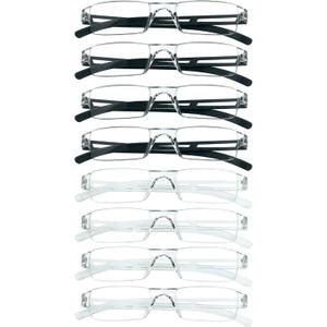 VisionGlobal 8 Pairs Reading Glasses, Blue Light Blocking Glasses, Computer Reading Glasses for Women and Men, Fashion Square Eyewear Frame (4black+4clear,+1.00 Magnification)