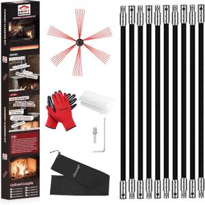 33 Feet Chimney Sweep Kit, Chimney Cleaning Kit with 10 Flexible Black Chimney Rods, Chimney Brush for Sweeping Fireplace, Rotary Chimney Cleaning System Driven by Drill